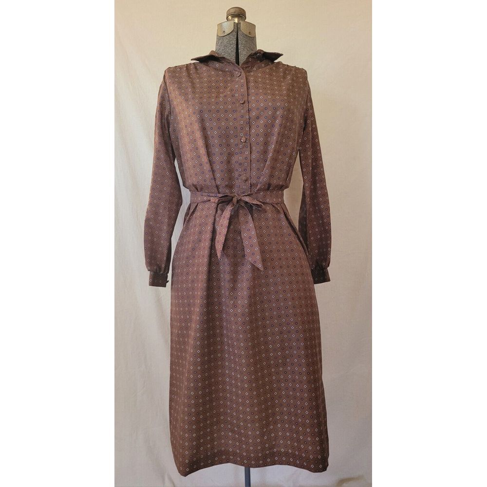 Vintage 60s 70s Union Made Shirt Dress Brown Floral Tie Waist Midi Size M/L‎